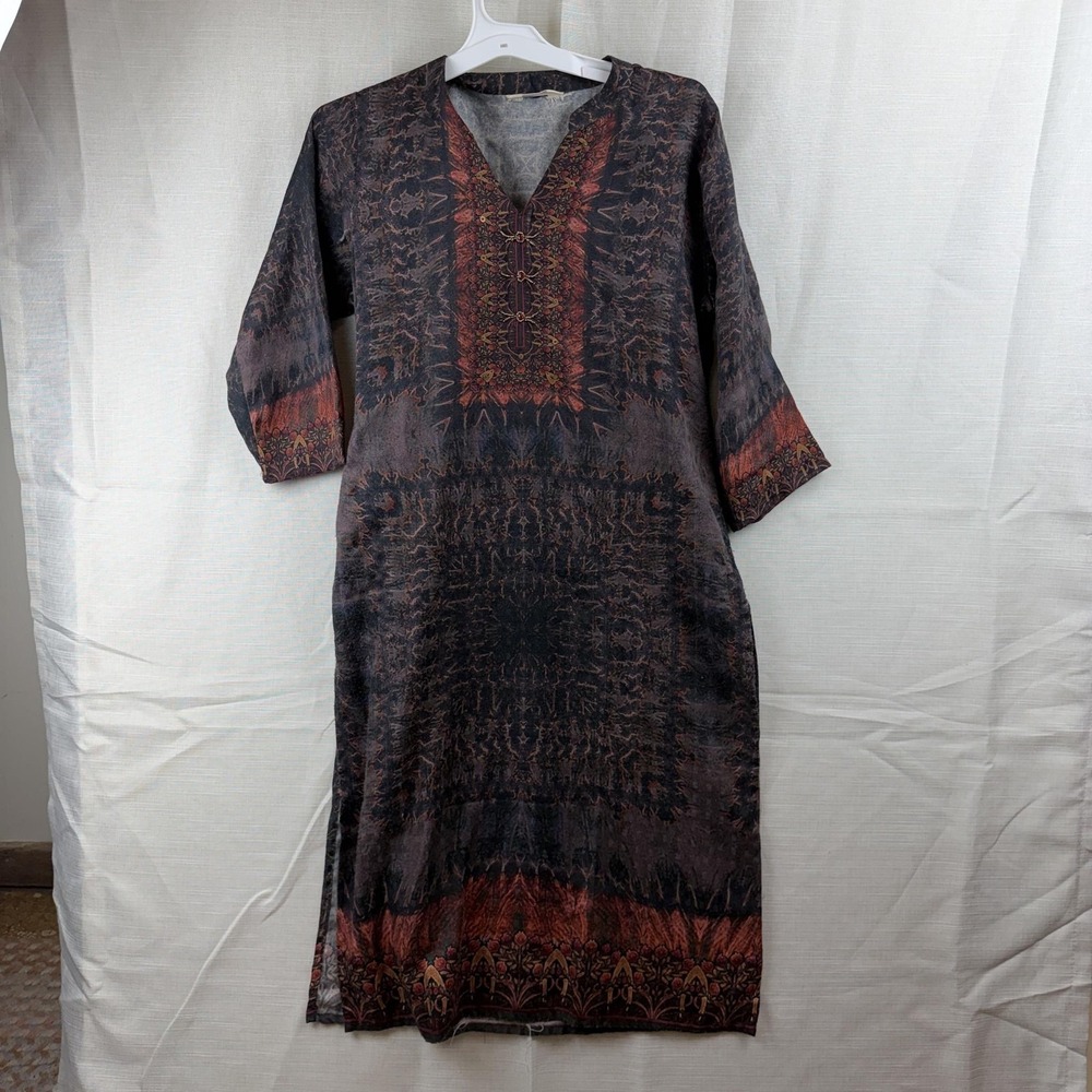 Lagi Dress Womens XL Multicolor Floral Kaftan 3/4 Sleeve V Neck Pockets